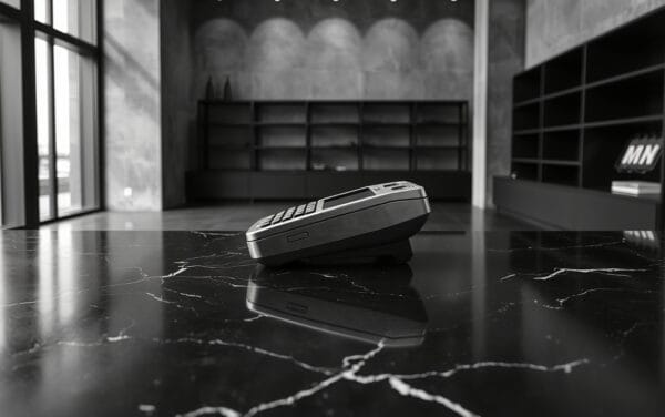 Terminal de paiement en acier brossé sur un comptoir en marbre sombre, image en noir et blanc contrasté.