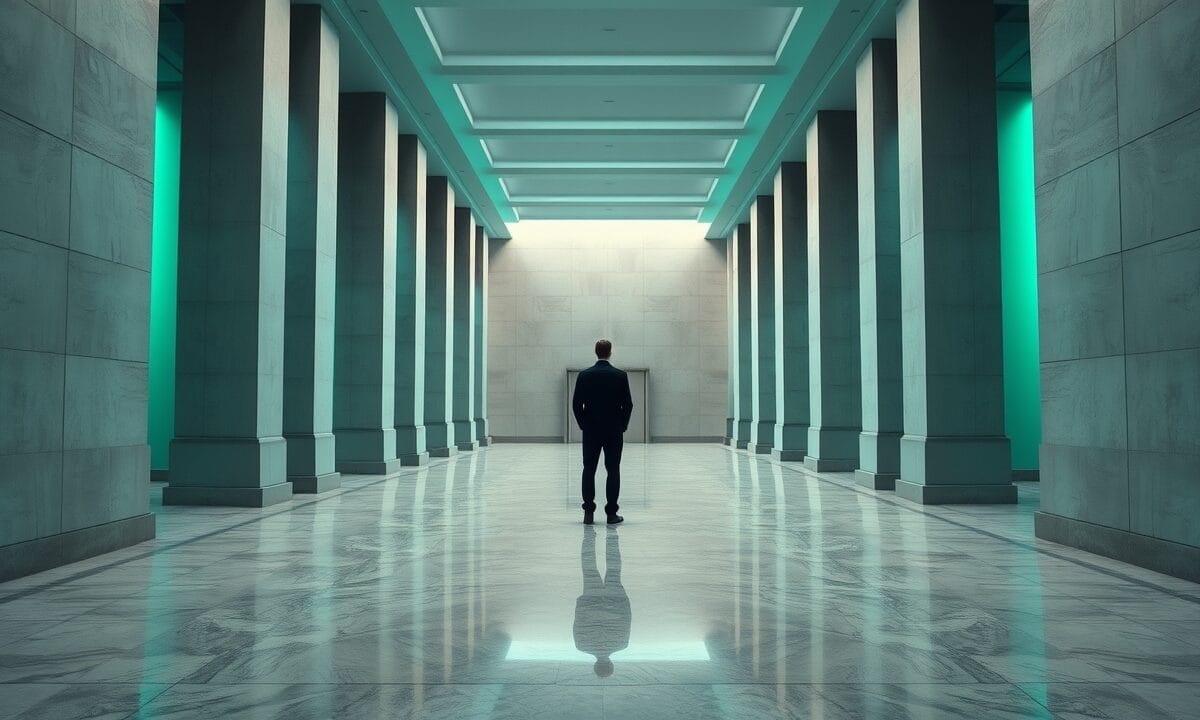 Couloir vide d'un palais de justice aux colonnes claires, silhouette de dos au loin