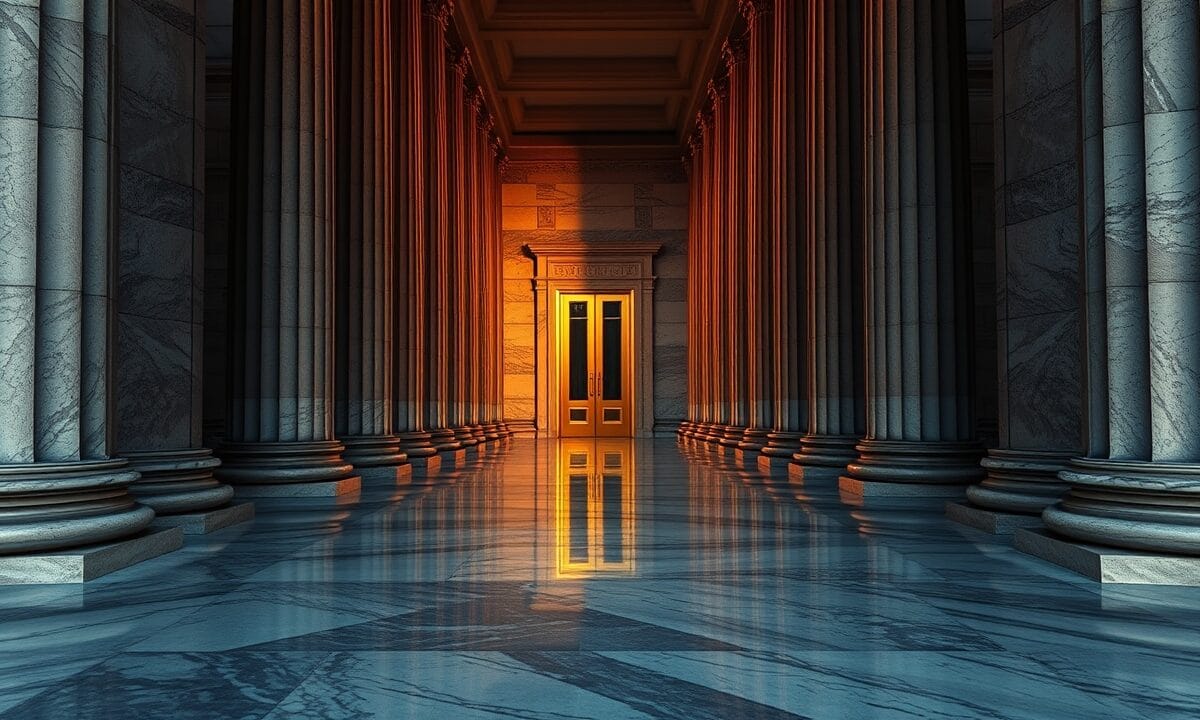 Couloir de palais de justice en marbre éclairé par une lumière dorée, symbolisant les sanctions britanniques contre HTX.