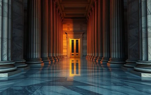 Couloir de palais de justice en marbre éclairé par une lumière dorée, symbolisant les sanctions britanniques contre HTX.