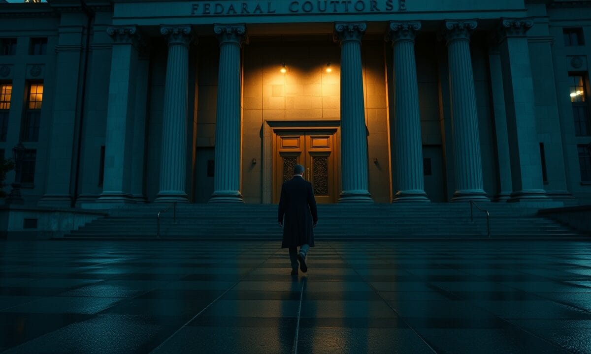 HyperFund : 'Bitcoin Rodney' plaide coupable, 1,8 Md$ en jeu 1 Façade d'un palais de justice fédéral américain au crépuscule, silhouette se dirigeant vers l'entrée principale.