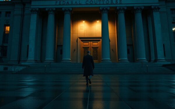 Façade d'un palais de justice fédéral américain au crépuscule, silhouette se dirigeant vers l'entrée principale.