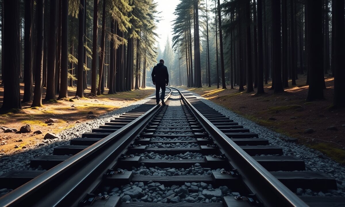 Aiguillage ferroviaire en bois où deux voies divergent dans une clairière forestière, lumière douce et naturelle.