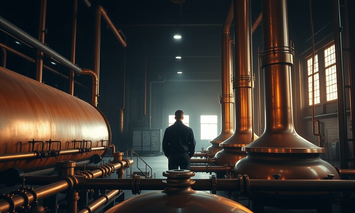 Inflation US à 4,2% : Bitcoin rebondit malgré hausse des prix 1 Salle industrielle aux teintes ambrées avec cuves de distillation en cuivre et silhouette d'ingénieur de dos.