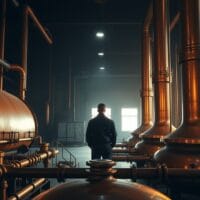 Salle industrielle aux teintes ambrées avec cuves de distillation en cuivre et silhouette d'ingénieur de dos.