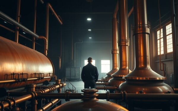 Salle industrielle aux teintes ambrées avec cuves de distillation en cuivre et silhouette d'ingénieur de dos.