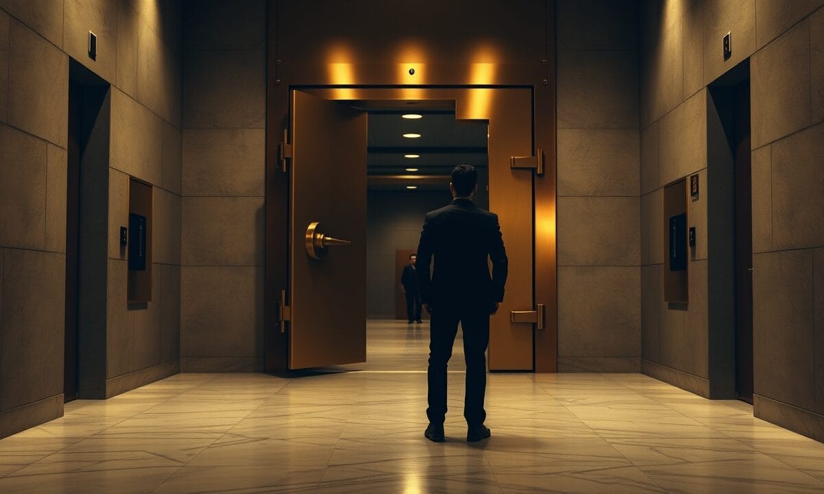 Lourde porte de coffre entrouverte dans un couloir institutionnel, silhouette d'analyste de dos au loin