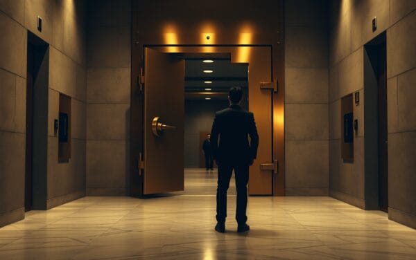 Lourde porte de coffre entrouverte dans un couloir institutionnel, silhouette d'analyste de dos au loin