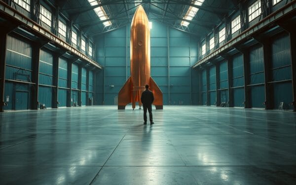 Sculpture cuivrée d'une fusée dans un hangar industriel sombre, silhouette d'un ingénieur de dos au loin.