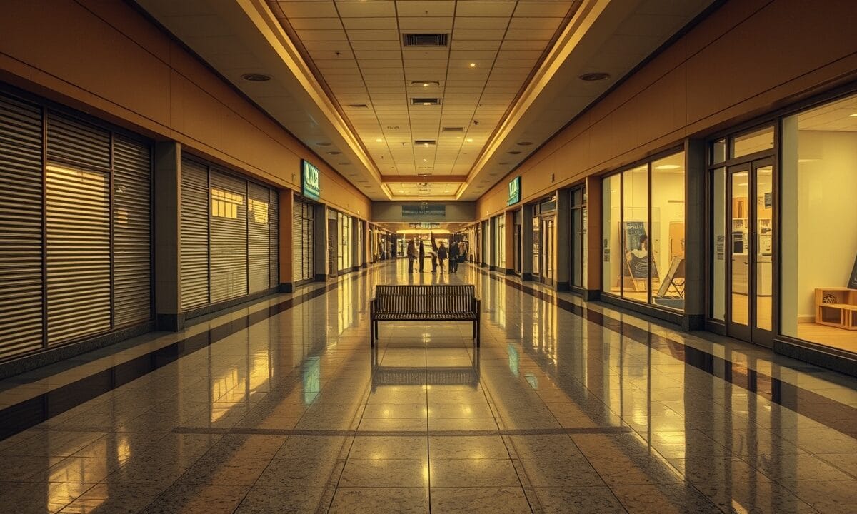 Liminalisme : de Hopper aux NFT, l'esthétique de la crypto 1 Couloir d'un centre commercial abandonné au crépuscule, baigné d'une lumière dorée et silencieuse.