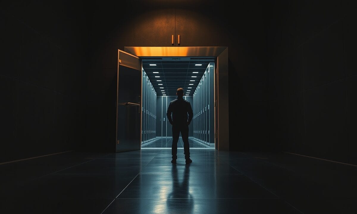 Porte de coffre en acier entrouverte dans une salle serveurs sombre, silhouette d'un technicien de dos au loin