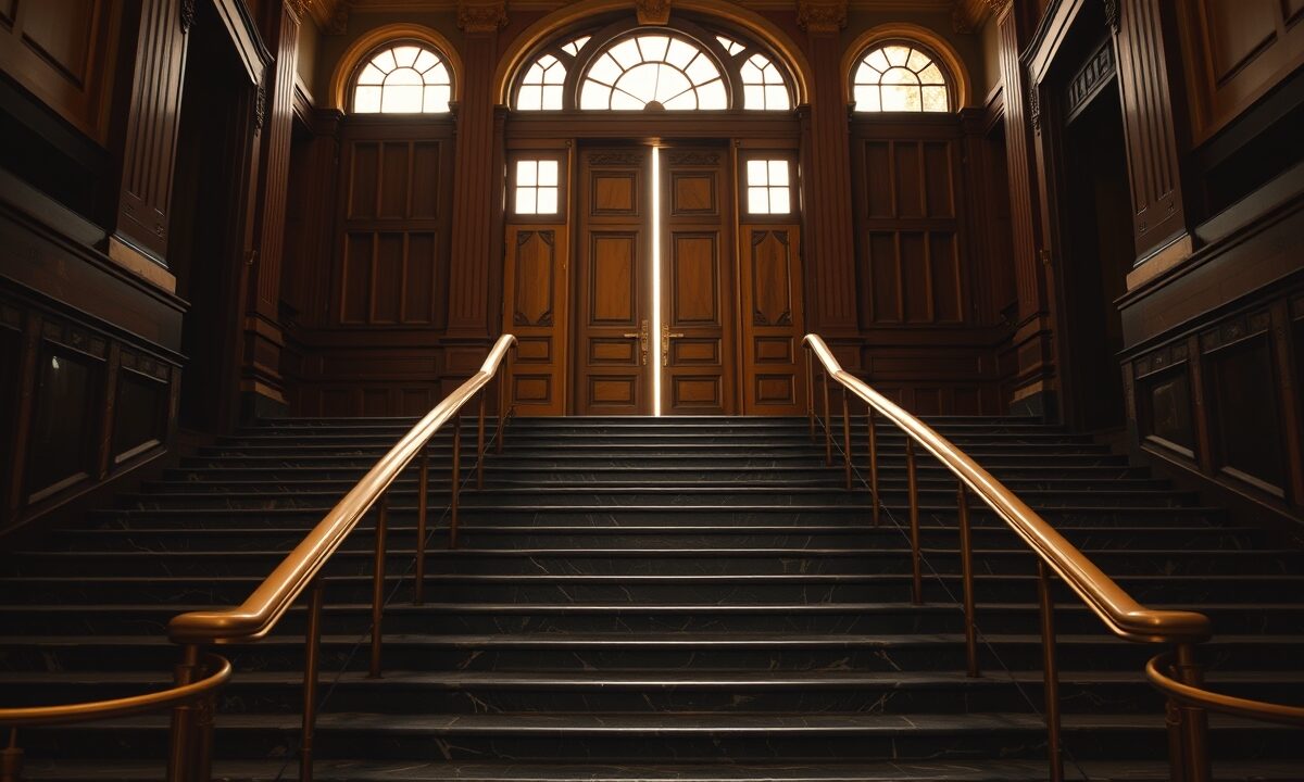 MiCA : 14 agréments en France avant le 1er juillet 2026 1 Escalier monumental en marbre et laiton d'un palais de justice européen, portes massives entrouvertes en haut