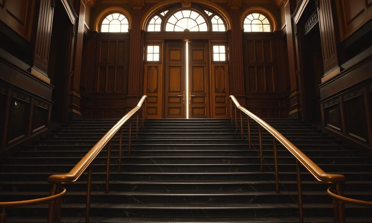 MiCA : agrément CASP en France et rôle de l'AMF 1 Escalier monumental en marbre et laiton d'un palais de justice européen, portes massives entrouvertes en haut