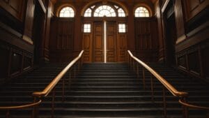 MiCA : 14 agréments en France avant le 1er juillet 2026 14 Escalier monumental en marbre et laiton d'un palais de justice européen, portes massives entrouvertes en haut