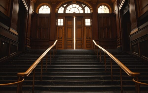 Escalier monumental en marbre et laiton d'un palais de justice européen, portes massives entrouvertes en haut