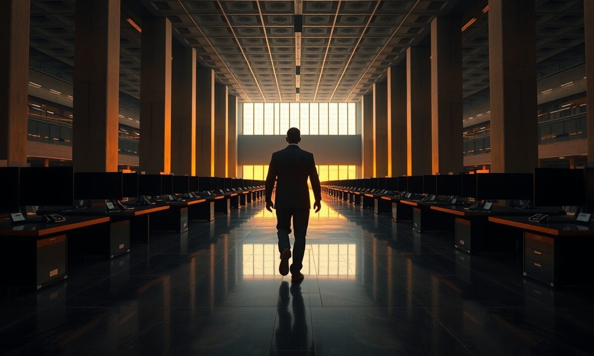 MiMo 1T : Xiaomi atteint 1000 tokens/s avec TileRT 1 Salle de marché vide à l'aube, silhouette éloignée de dos, lumière ambrée sur béton et colonnes