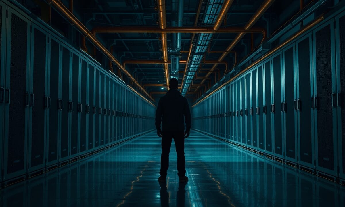 MiMo-V2.5-Pro-UltraSpeed : 1000 tokens/s sur un modèle 1T 1 Salle de serveurs sombre avec rangées de baies et tuyaux cuivrés, silhouette d'ingénieur au loin.