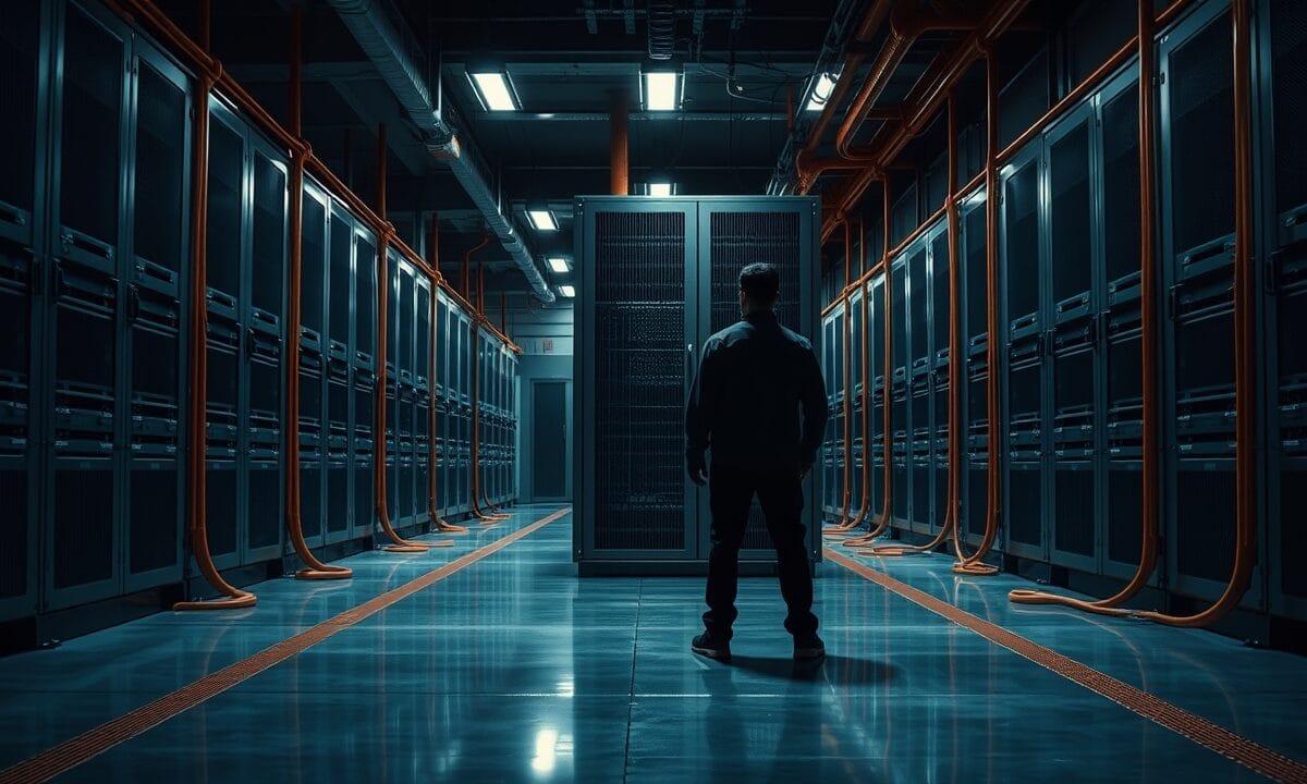 Baie de serveurs en acier brossé dans une salle de données, silhouette de technicien de dos au loin