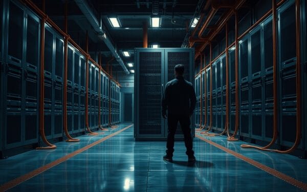 Baie de serveurs en acier brossé dans une salle de données, silhouette de technicien de dos au loin