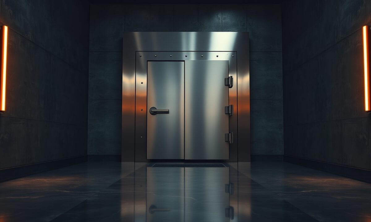 Porte de coffre-fort en acier brossé entrouverte dans un couloir institutionnel sombre éclairé d'ambre.