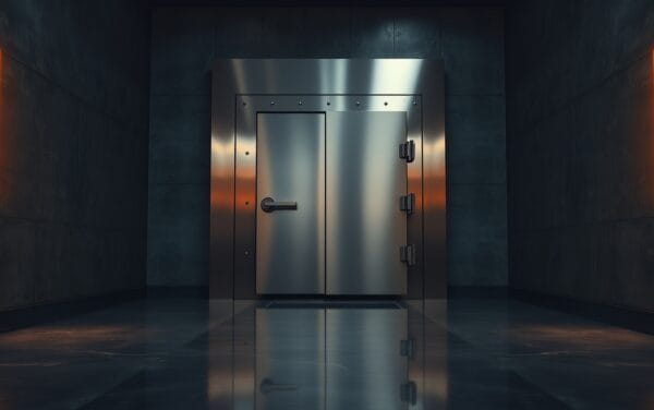 Porte de coffre-fort en acier brossé entrouverte dans un couloir institutionnel sombre éclairé d'ambre.
