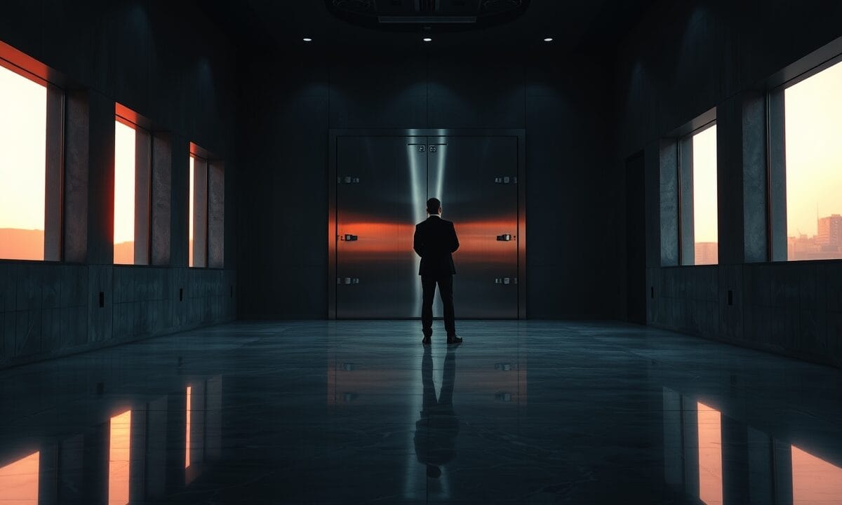 Porte de coffre-fort entrouverte dans un couloir bancaire au coucher du soleil, silhouette d'un analyste au loin.