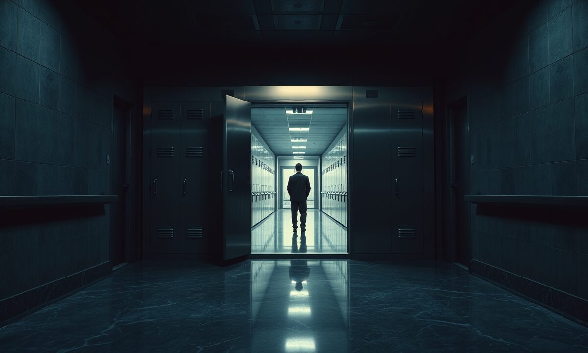 Silhouette d'un enquêteur de dos devant un casier d'archives métallique dans un couloir sombre