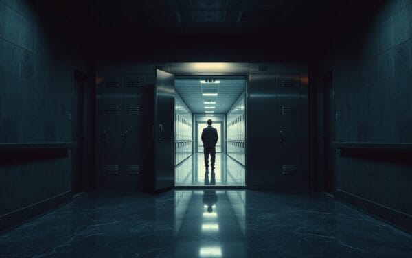 Silhouette d'un enquêteur de dos devant un casier d'archives métallique dans un couloir sombre