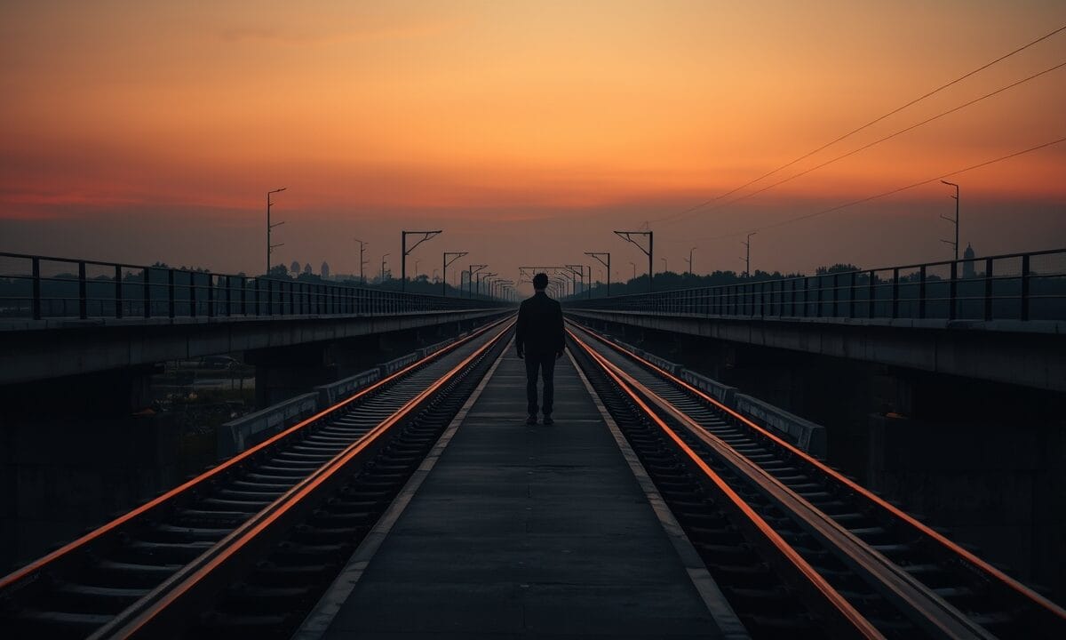 Bifurcation de rails sur un viaduc de béton au crépuscule, silhouette de dos au loin