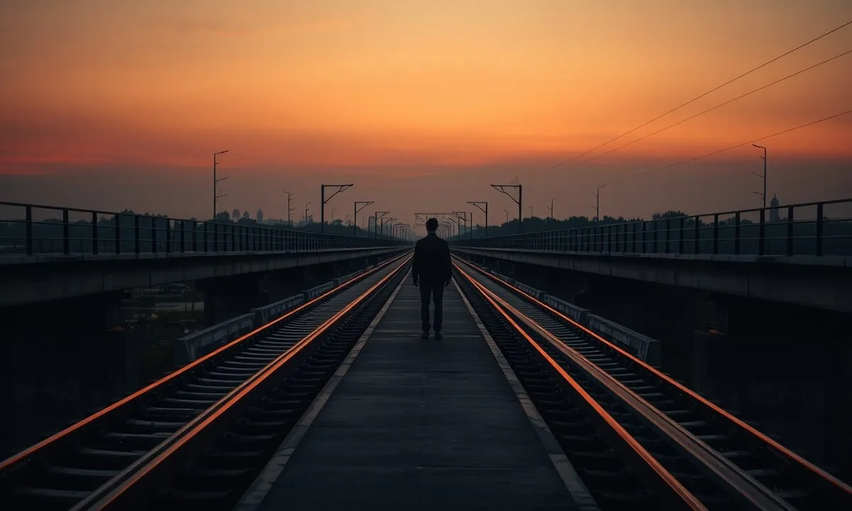 Bifurcation de rails sur un viaduc de béton au crépuscule, silhouette de dos au loin