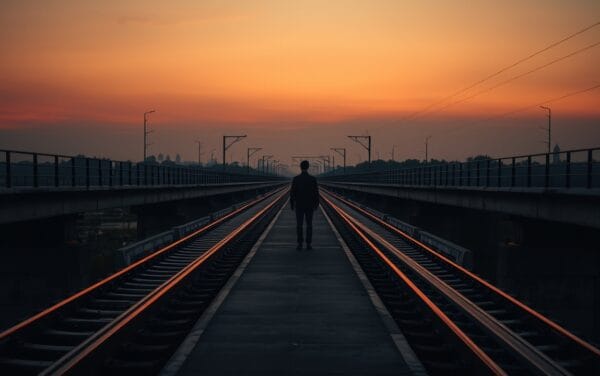 Bifurcation de rails sur un viaduc de béton au crépuscule, silhouette de dos au loin