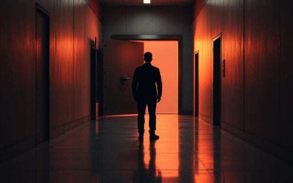 Couloir institutionnel sombre avec porte de coffre entrouverte et silhouette d'analyste de dos au loin.