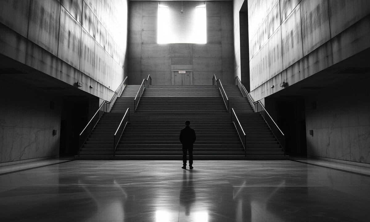 Prévision Solana 2026 : cours SOL à 82 $ après -72 % 1 Escalier institutionnel en béton et marbre, silhouette de dos en contrebas, contraste noir et blanc marqué.