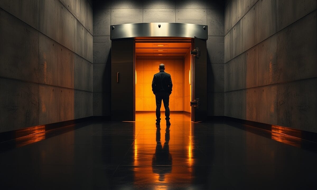 Lourde porte de coffre en acier entrouverte dans un couloir sombre, lumière ambrée, silhouette au loin de dos.