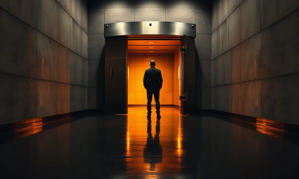 Retirer son argent de Binance en 5 étapes 1 Lourde porte de coffre en acier entrouverte dans un couloir sombre, lumière ambrée, silhouette au loin de dos.