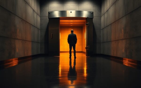 Lourde porte de coffre en acier entrouverte dans un couloir sombre, lumière ambrée, silhouette au loin de dos.