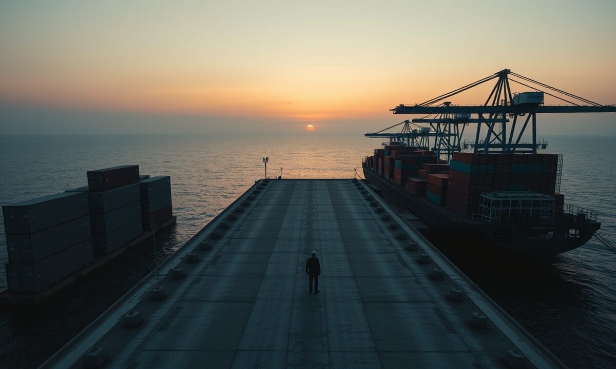 Ripple investit dans Flutterwave, valorisée 3,3 Md$, pour viser l'Afrique 1 Port industriel africain au crépuscule, silhouette d'un travailleur de dos sur un quai en béton.