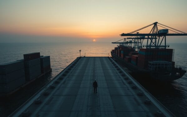 Port industriel africain au crépuscule, silhouette d'un travailleur de dos sur un quai en béton.