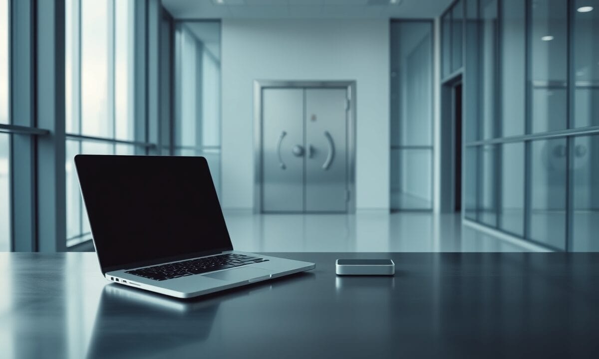 Scam crypto : un ado vole 13M$ en BTC pour jets et Lambo 1 Bureau vide à l'aube avec laptop fermé, hardware wallet et coffre entrouvert, palette glacée cyan.