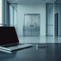 Bureau vide à l'aube avec laptop fermé, hardware wallet et coffre entrouvert, palette glacée cyan.