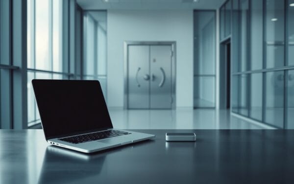 Bureau vide à l'aube avec laptop fermé, hardware wallet et coffre entrouvert, palette glacée cyan.