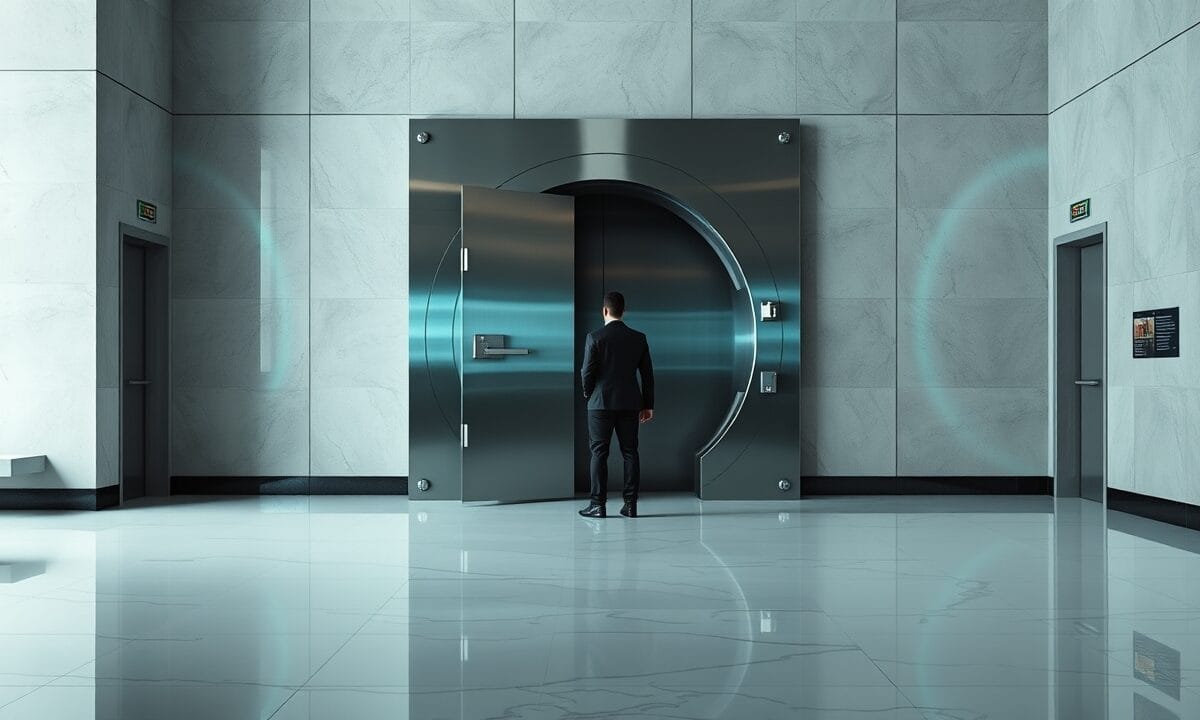 Porte de coffre en acier entrouverte dans un couloir clair, silhouette d'un agent de sécurité au loin