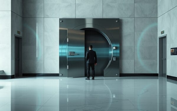 Porte de coffre en acier entrouverte dans un couloir clair, silhouette d'un agent de sécurité au loin