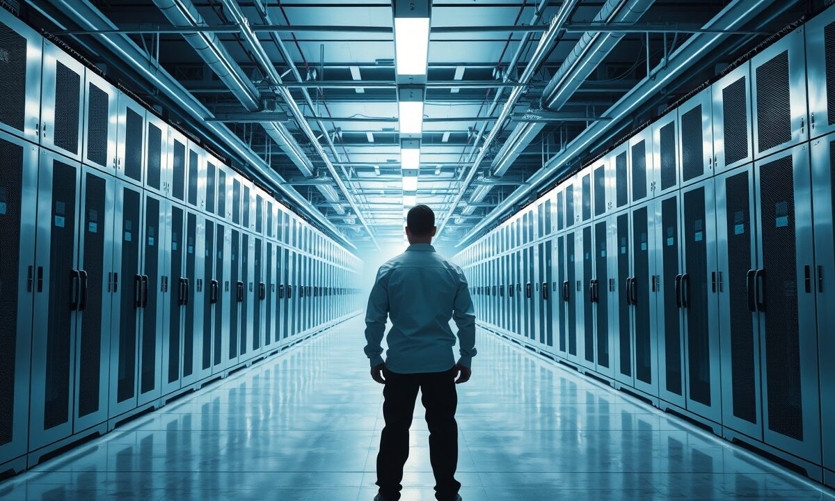 Allée de baies serveurs en acier dans un centre de données froid, silhouette d'un technicien de dos au loin.
