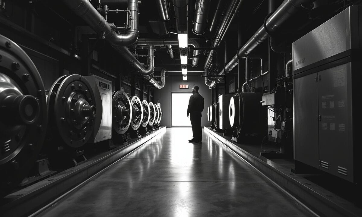 Salle des machines en noir et blanc contrasté, rotors de cuivre à l'arrêt et silhouette d'un technicien au loin.
