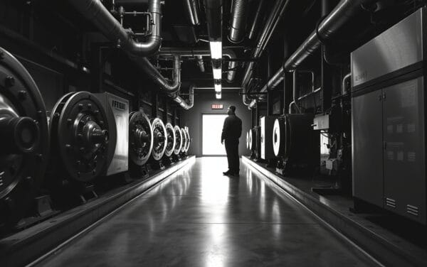 Salle des machines en noir et blanc contrasté, rotors de cuivre à l'arrêt et silhouette d'un technicien au loin.