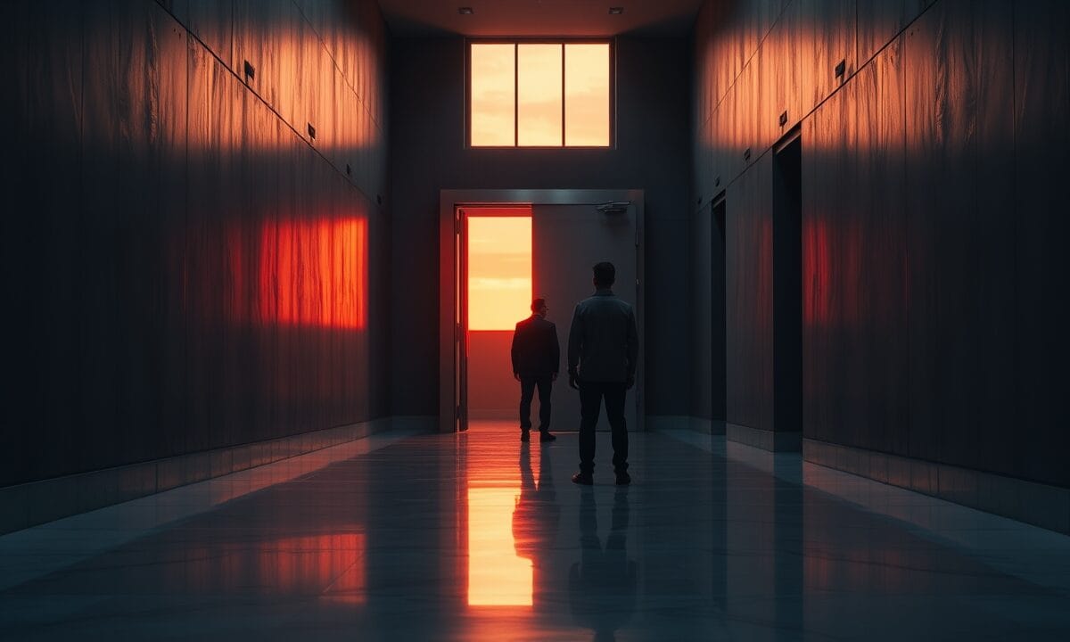 Porte de coffre en acier entrouverte dans un couloir institutionnel, lumière corail au coucher du soleil, silhouette de dos au loin.
