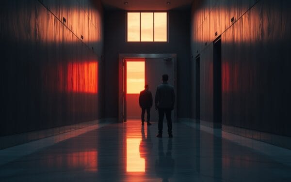 Porte de coffre en acier entrouverte dans un couloir institutionnel, lumière corail au coucher du soleil, silhouette de dos au loin.
