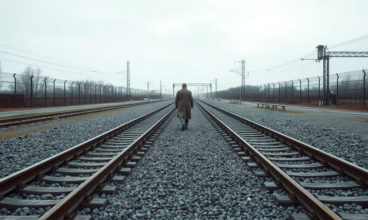 Spirale d'amplification IA : le chatbot qui vous donne raison 1 Bifurcation de rails d'acier sous un ciel gris, silhouette de dos au loin, unique feu rouge en accent.