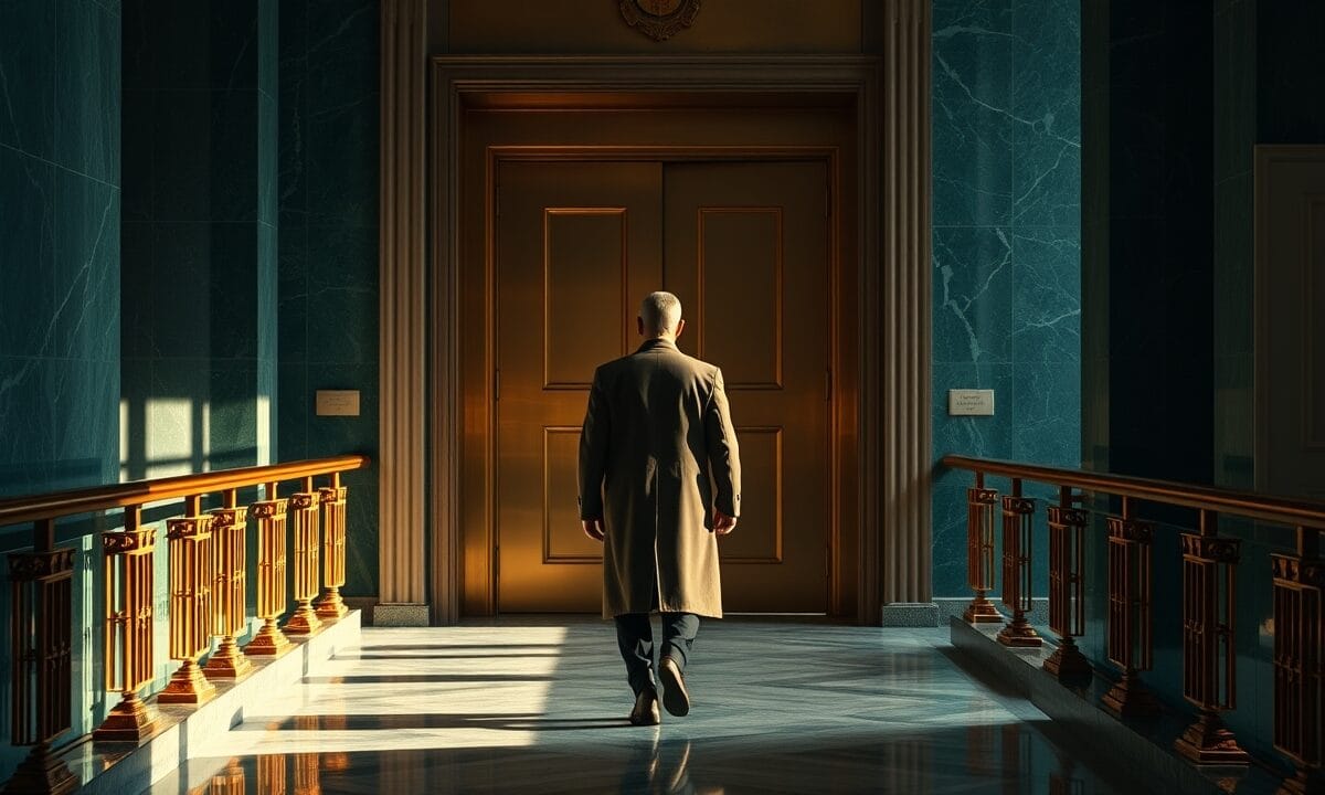 Couloir ministériel en marbre teal avec porte massive en bronze entrouverte et silhouette de dos s'avançant